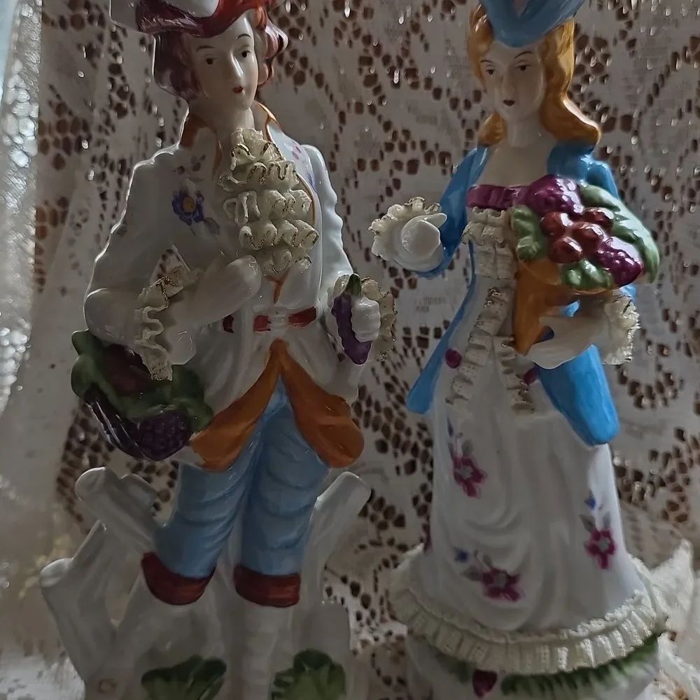 Vintage Tall Detailed Porcelain Couple Figurines Cornucopia & Fruit